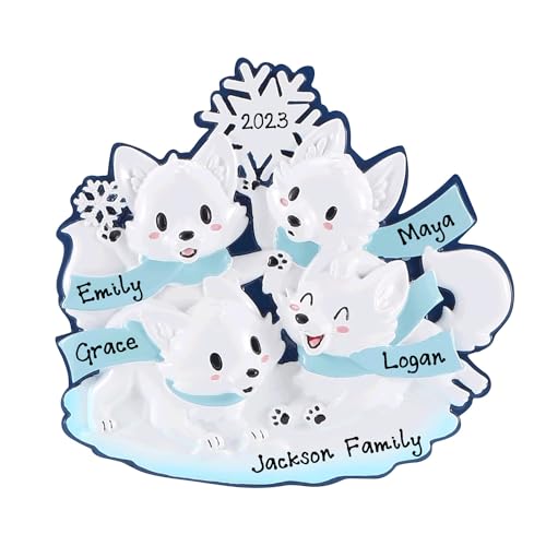 New Arctic Fox Family of 4 Personalized Ornaments