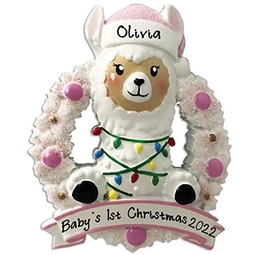 Baby Llama in Wreath Personalized Baby`s First Ornament- (Pink)