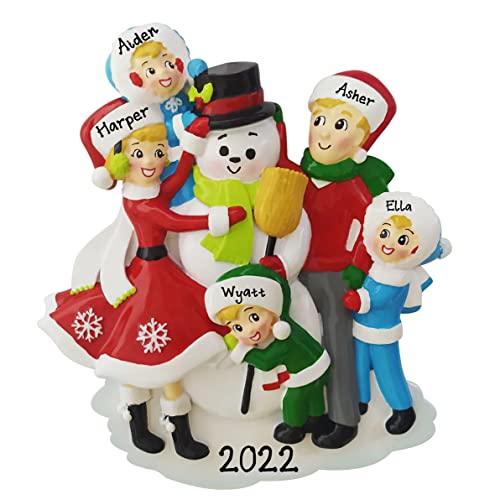 Snowman Building Family of 5 Personalized Christmas Ornament
