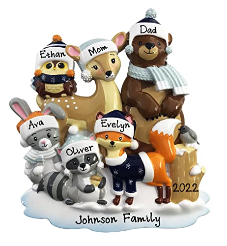 Family of 6 Personalized Woodland Zoo Animals Ornament