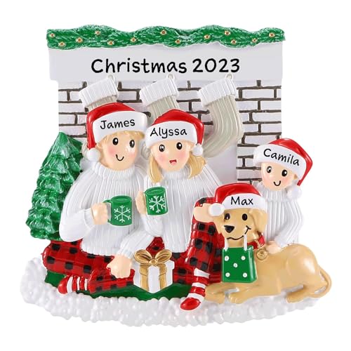 Family Sitting in Front of Fireplace Personalized Christmas Ornament (Family of 3)