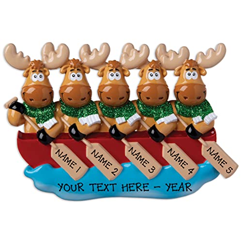 Moose Family of 5 on Canoe Personalized Christmas Tree Hanging Ornament