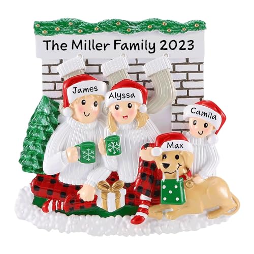 Family Sitting in Front of Fireplace Personalized Christmas Ornament (Family of 3)