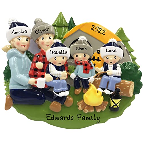 Personalized Camp Fire Family of 5 Christmas Ornament