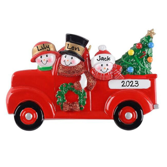 Personalized Snowman in Red Pickup Truck Ornament (Family of 3)