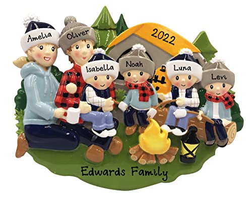 Personalized Camp Fire Family of 6 Christmas Ornament