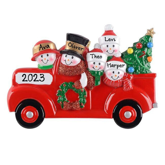 Personalized Snowman in Red Pickup Truck Ornament (Family of 5)