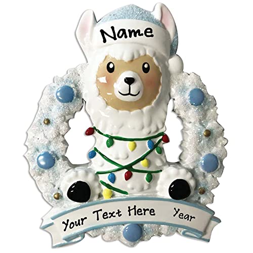 Baby Llama in Wreath  Personalized Baby`s First Christmas Tree Hanging Ornament (Blue)