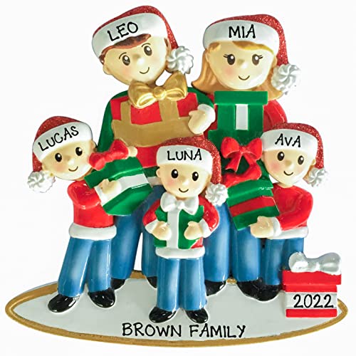 Personalized Happy Family of 5 Opening Gift Box Christmas Tree Ornament