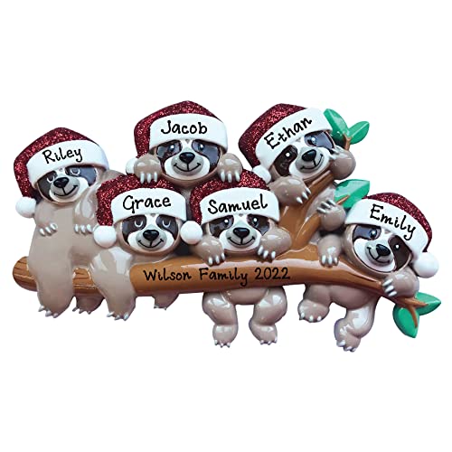 Personalized Sloth Family of 6 Christmas Ornament