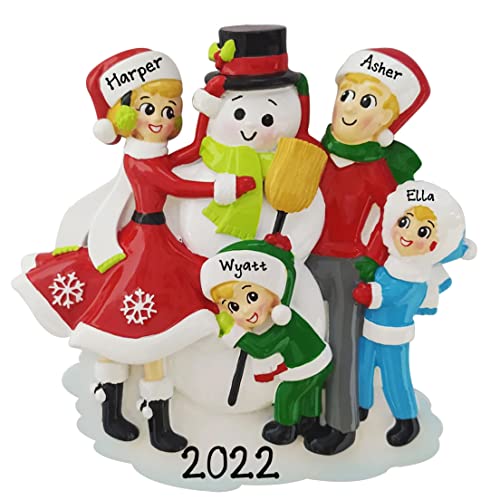 Snowman Building Family of 4 Personalized Christmas Ornament
