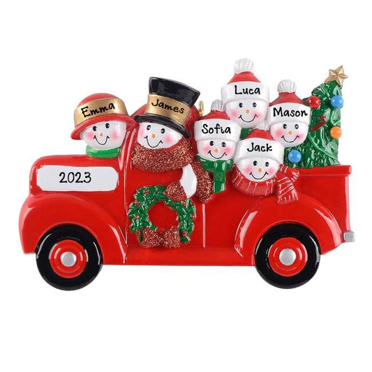Personalized Snowman in Red Pickup Truck Ornament (Family of 6)
