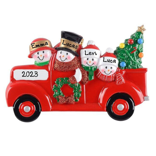 Personalized Snowman in Red Pickup Truck Ornament (Family of 4)