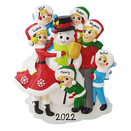 Snowman Building Family of 6 Personalized Christmas Ornament