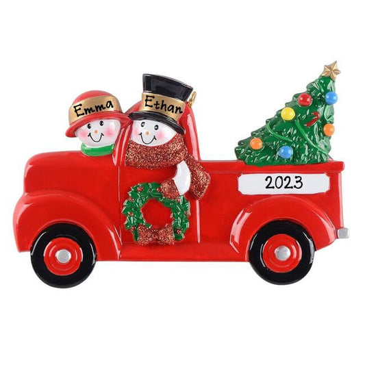Personalized Snowman in Red Pickup Truck Ornament (Family of 2)