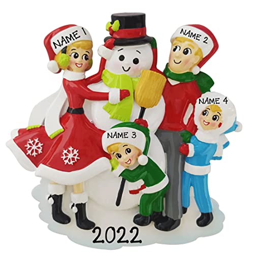 Snowman Building Family of 4 Personalized Christmas Ornament