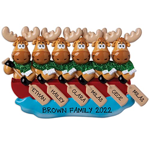 Moose Family of 6 on Canoe Personalized Christmas Tree Hanging Ornament