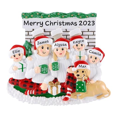 Family Sitting in Front of Fireplace Personalized Christmas Ornament (Family of 5)