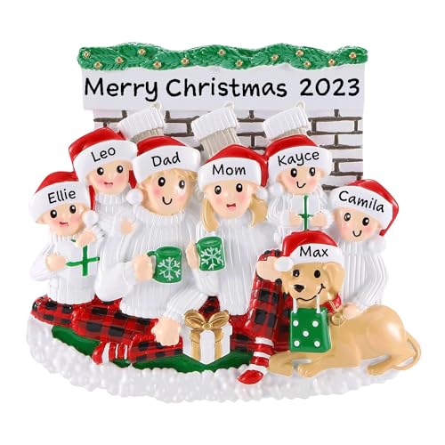 Family Sitting in Front of Fireplace Personalized Christmas Ornament (Family of 6)