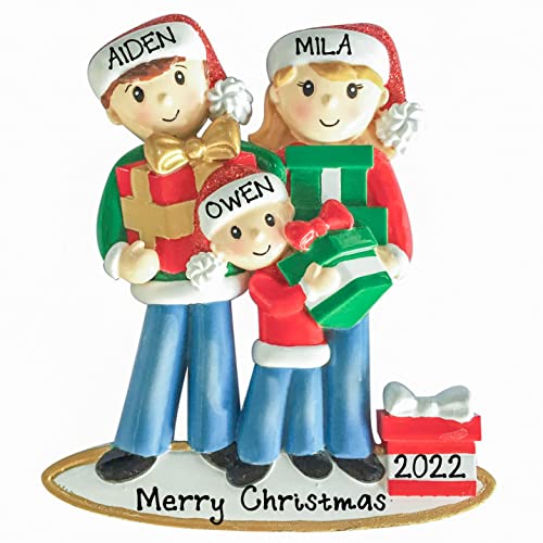 Personalized Happy Family of 3 Opening Gift Box Christmas Tree Ornament