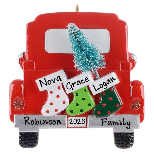 Personalized Vintage Red Truck Christmas Ornaments - Family of 3