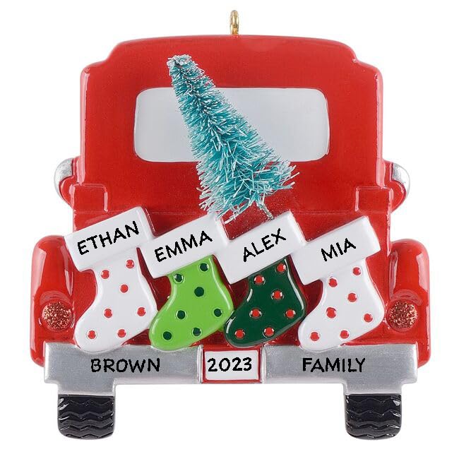 Personalized Vintage Red Truck Christmas Ornaments - Family of 4