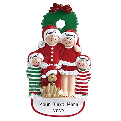 Family with Dog and Ribbon Ornament (Family of 4)