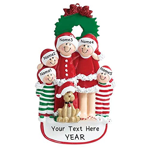 Family with Dog and Ribbon Ornament (Family of 5)