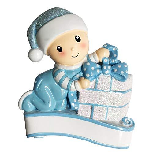 New Baby Opening Present Ornament (Blue)