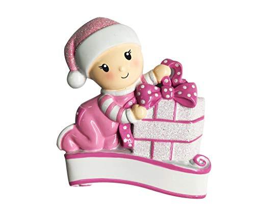 New Baby Opening Present Ornament (Pink)