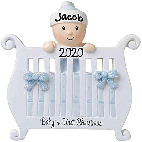 New Baby in Crib Baby`s First Christmas Ornament (Blue)