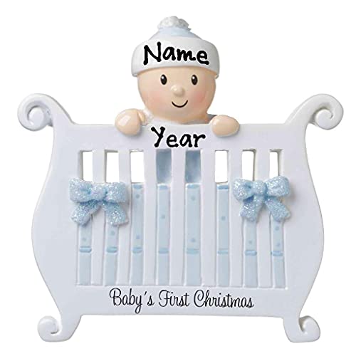 New Baby in Crib Baby`s First Christmas Ornament (Blue)
