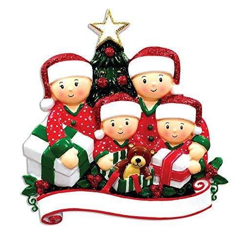 Opening Present Family Pajamas Ornament (Family of 4)