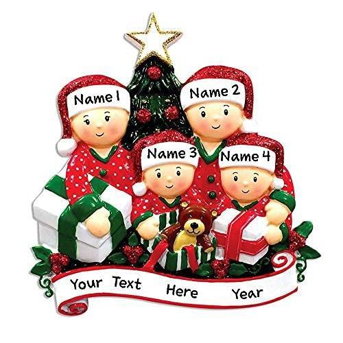 Opening Present Family Pajamas Ornament (Family of 4)