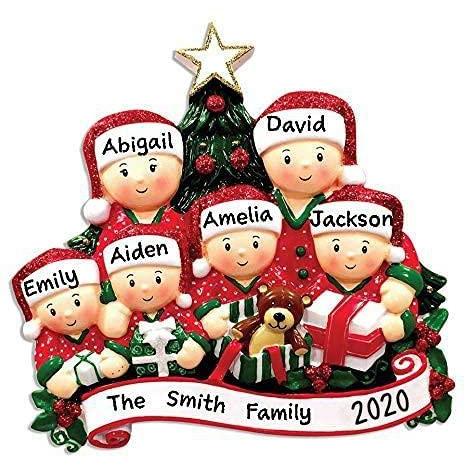 Opening Present Family Pajamas Ornament (Family of 6)