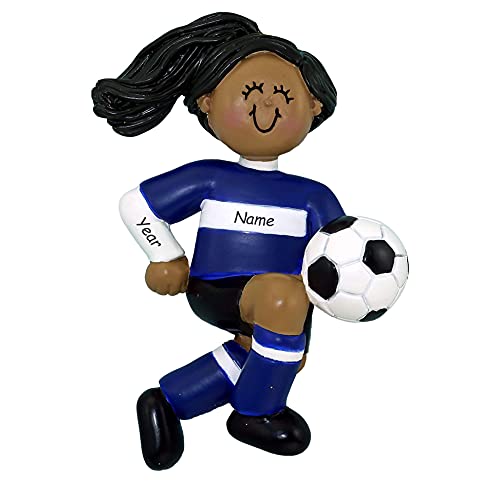 Soccer Child Ornament (Blue Uniform African American Girl)