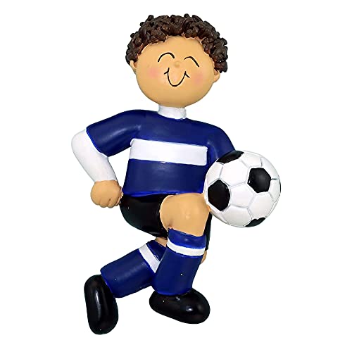 Soccer Child Ornament (Blue Uniform Brunette Boy)