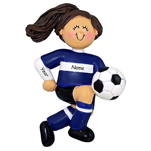 Soccer Child Ornament (Blue Uniform Brunette Girl)