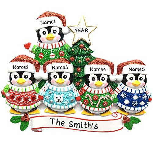 Ugly Christmas Sweater Penguin Family Personalized Ornament (Family of 5) Default Title